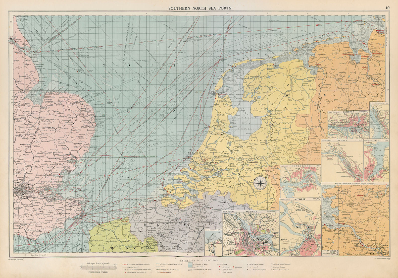 Southern North Sea ports chart. lighthouses mail routes. UK NL. LARGE 1952 map
